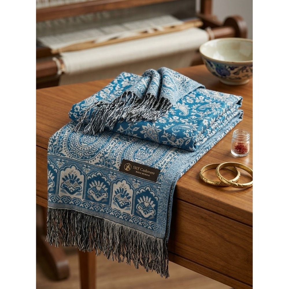 Sky Cashmere Blue Paisley Floral Pashmina Shawl Scarf Made in India Fringe Wrap